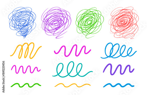 Set of colorful scribble and wavy line elements