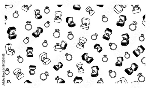 Seamless pattern with diamond engagement rings and jewelry boxes Vector black and white line art background