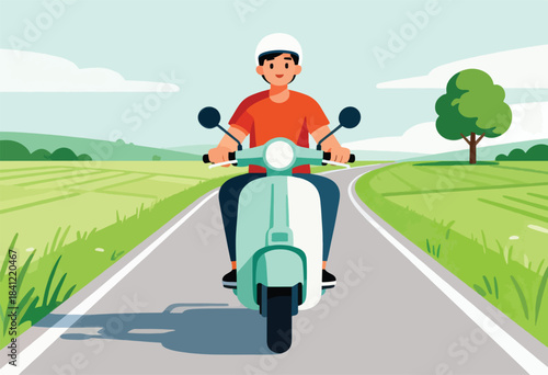 A person on a turquoise scooter rides down a road, past fields, under a blue sky, toward the horizon
