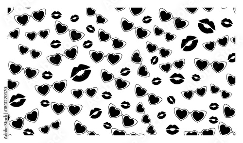 Seamless vector pattern with heart-shaped sunglasses and lips Black and white fashion background