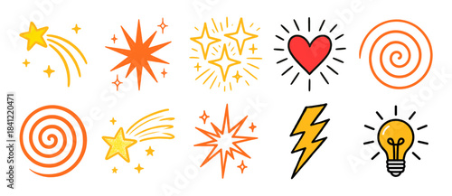 Set of hand-drawn elements with energy and idea icons