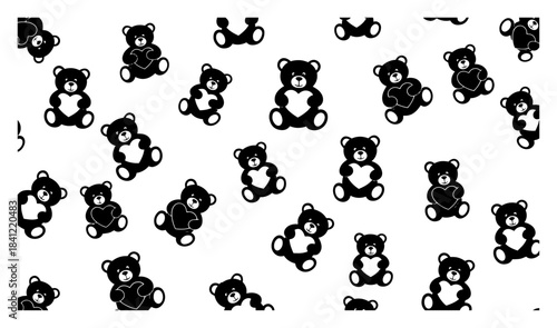 Seamless vector pattern with cute teddy bears holding hearts monochrome background texture
