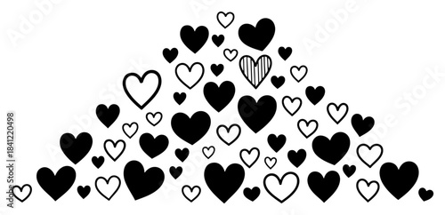 Vector illustration featuring a big pile of hand drawn black hearts in solid and outline styles