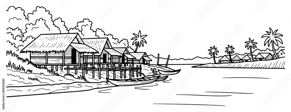 Fototapeta premium Tropical village landscape with stilt houses and boats on river black and white vector illustration