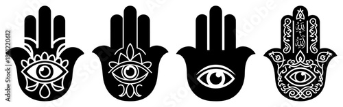 Collection of hamsa hand symbols with evil eye protection amulets in black vector style