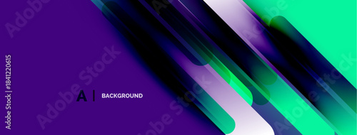 Abstract design features vibrant purple, green gradients. Diagonal lines create dynamic visual effect. Modern aesthetic suitable backgrounds.