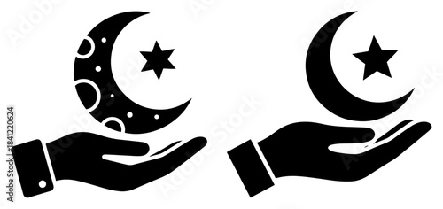 Vector silhouette of human hand holding crescent moon and star symbol for ramadan or eid concept