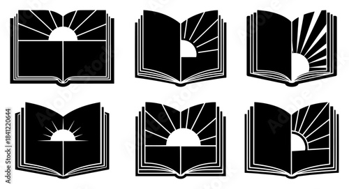 Set of vector open book icons with rising sun and rays silhouettes