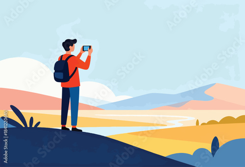 A person with a backpack taking a picture of a scenic vista with mountains and water under a light sky