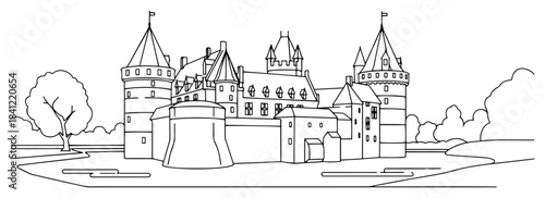 Medieval castle landscape with towers and trees in black and white contour line style