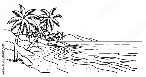Tropical beach landscape line art with palm trees and ocean waves black and white summer vacation vector