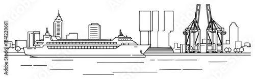 City harbor landscape with cruise ship and port cranes in thin line art style