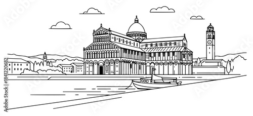 Italian architecture landscape line art with cathedral church and boat on river black and white vector