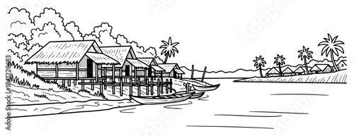 Tropical village landscape with stilt houses and boats on river black and white vector illustration