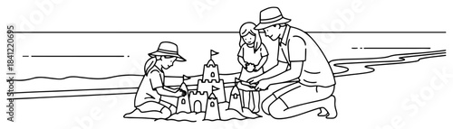 Father and children building a sandcastle on the beach line art vector illustration