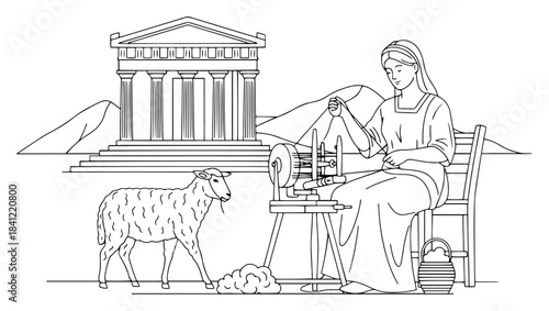 Ancient greek woman spinning wool with sheep and temple background black and white vector