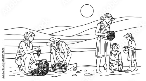 People harvesting grapes in vineyard with baskets and hills landscape line art
