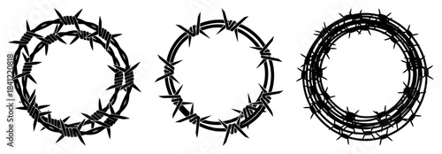 Set of circular barbed wire wreaths and crown of thorns silhouettes