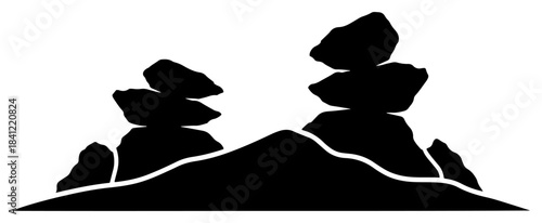 Zen balanced stones silhouette on a hill symbolizing harmony and meditation vector black and white landscape illustration