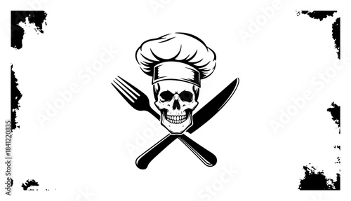 Chef skull wearing a cook hat with crossed fork and knife pirate style vector black and white illustration with grunge frame
