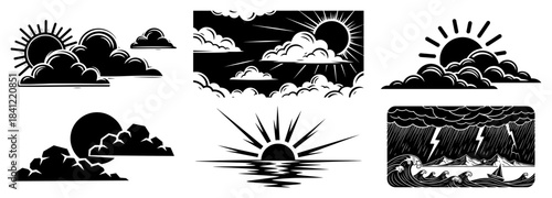 Collection of weather landscape vector illustrations with sun clouds and lightning storm scenes