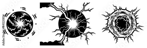 Abstract black energy sphere and cracked hole vector illustrations with lightning bolts