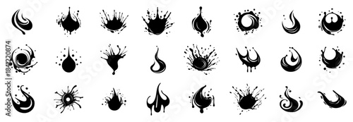 Set of black ink splashes liquid drops and fluid silhouettes vector illustration