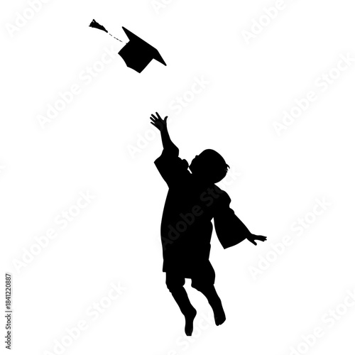Silhouette of a happy student in graduation gown throwing mortarboard cap in the air to celebrate success