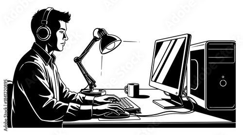 Young man with headphones working on computer at desk black and white vector illustration