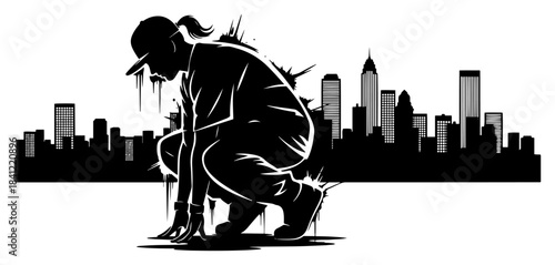 Urban street culture silhouette of crouching man with city skyline background vector illustration