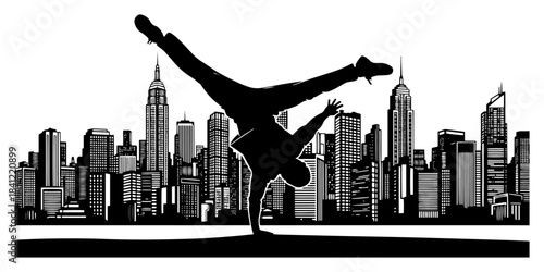 Breakdancer performing handstand trick against city skyline black and white vector silhouette