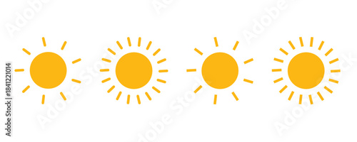 Sun icons. Yellow sunlight symbol set. Simple sunshine weather elements. Vector illustration.