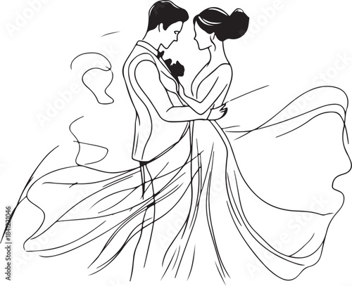 Black silhouette vector illustration of a bride and groom dancing with a child in a white wedding dress