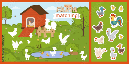 Vector illustration of a cute farm poultry, duck, chicken, rooster, hen for kids. Features various farm animals near a barn, inviting children to match them with their silhouettes for fun learning.