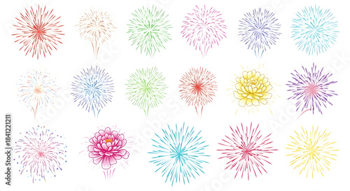 Collection of colorful watercolor firework bursts and sparkles isolated on transparent background