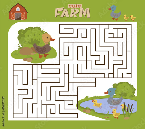 Cute farm-themed maze illustration featuring ducks navigating through paths. Includes pond, grass, and barn elements, presenting a fun and educational activity for children.