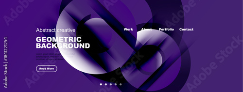 Purple abstract design features flowing shapes, text elements, navigation menu. Modern aesthetic suitable for website header or banner.