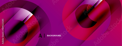 Abstract design features overlapping circles, vibrant magenta hues, dynamic gradients. Modern aesthetic suitable for backgrounds, presentations.