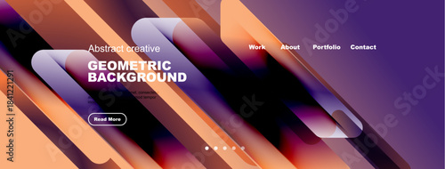 Modern website header design. Vibrant colors, geometric shapes, navigation menu present. Clean layout, professional aesthetic.