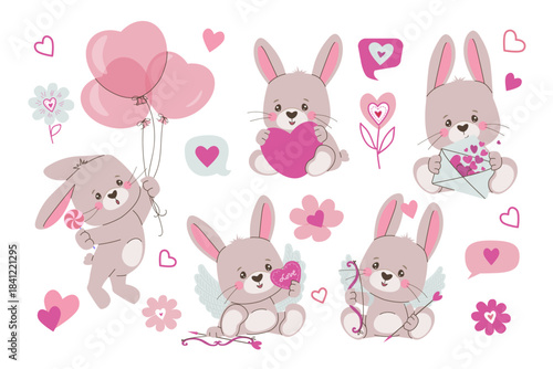 Adorable bunnies in various poses with heart balloons, flowers, and love symbols. Perfect for Valentine s Day themes and romantic designs. Whimsical and charming vector illustration.