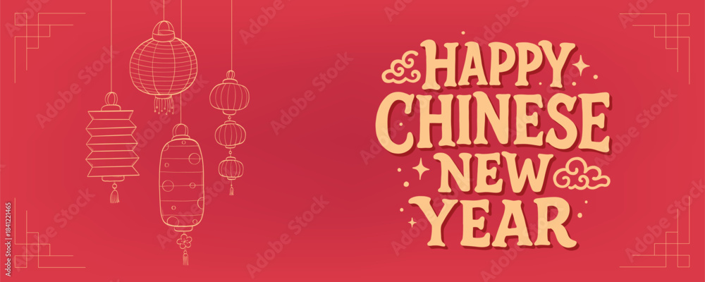 Fototapeta premium Chinese New Year horizontal banner with lettering quote and lanterns doodles on red background. Good for templates, social media visuals, posters, prints, cards, invitations, etc. EPS 10