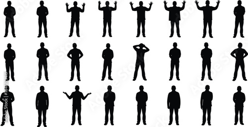 Collection of male silhouette poses showing various gestures and body language, isolated black figures for design, illustration, and creative projects