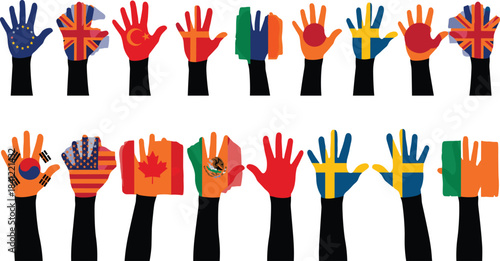 Collection of international flag hands showing global unity, diversity, multicultural identity and world cooperation concepts for education, design and illustration projects