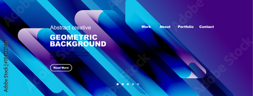 Vibrant fluid shapes, blue tones dominate design. Text highlights geometric background, navigation visible. Modern aesthetic.