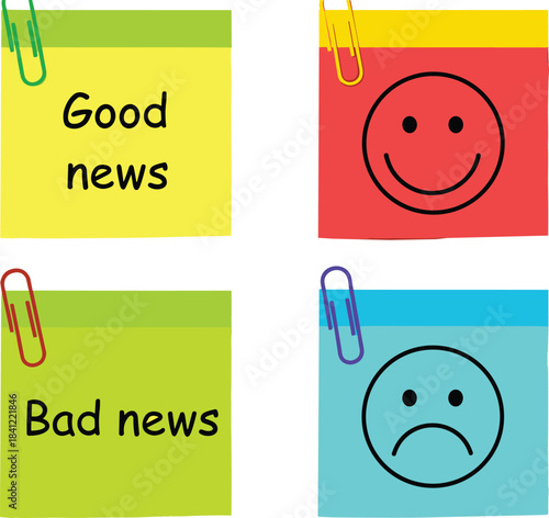 Colorful sticky notes with good news and bad news messages, happy and sad faces, paperclips, positive negative communication symbols for announcements