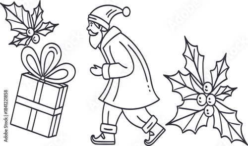 Smiling cartoon woman character chef with a Christmas gift vector clip art illustration for coloring