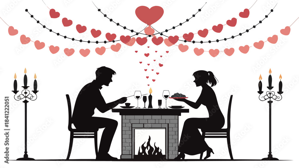 Fototapeta premium Couple silhouetted at a table in a minimalist vector art style