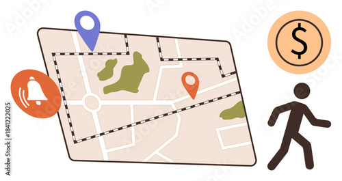 Map with pins, walking figure, bell alert, and dollar sign representing navigation, alerts, budgeting, location sharing, route planning, tracking and mobility in a simple flat metaphor