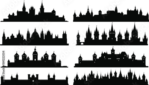 Fantasy medieval castle skyline silhouettes collection featuring towers, fortresses and ancient architecture, perfect for design, illustration resources and creative artwork projects