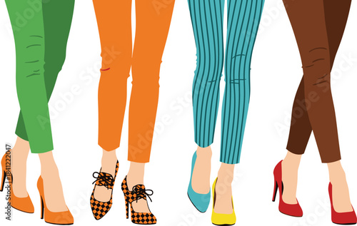 Fashionable women’s legs wearing colorful pants and high heels, stylish footwear illustration perfect for fashion design, apparel concepts, boutique branding and trend artwork